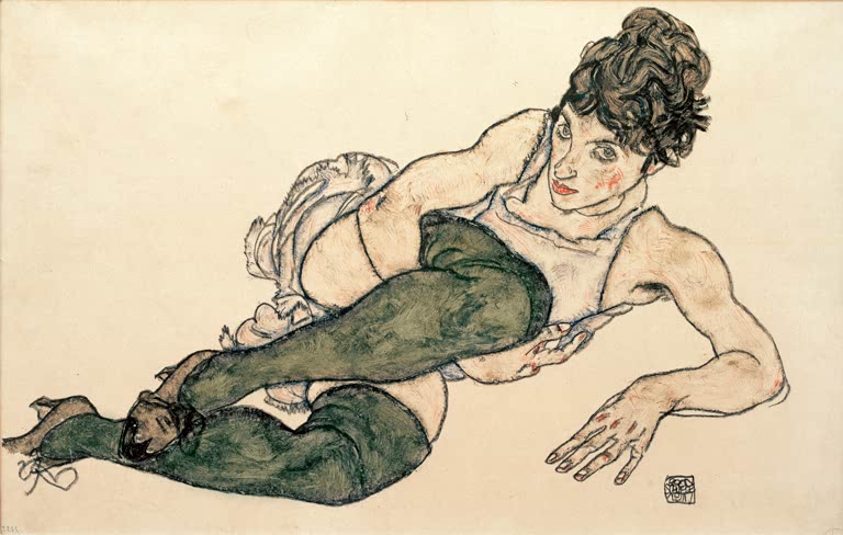 Liegende Frau mit hellem Hemd und dunkelgrünen Strümpfen – Egon Schiele Liegende Frau mit grünen Strümpfen Kunstkopie