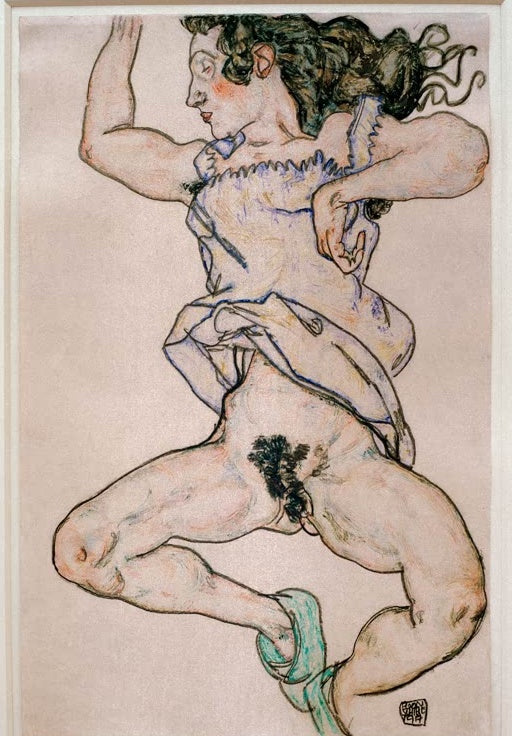 Frau mit erhobenen Armen im Hemdchen, grüner Hausschuh am Fuß – Egon Schiele Liegende Frau mit Hausschuhen Kunstkopie