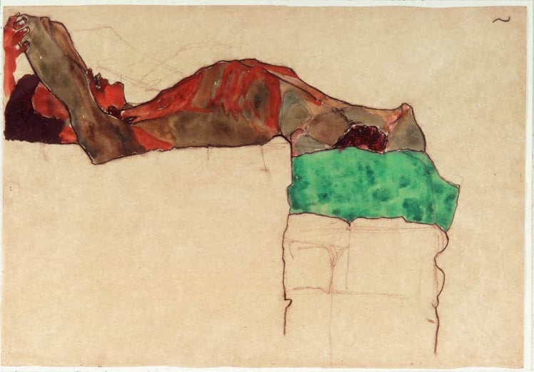 Liegender Mann mit grünem Tuch auf hellem Papier – Egon Schiele Liegende männlicher Akt mit grünem Tuch Kunstkopie