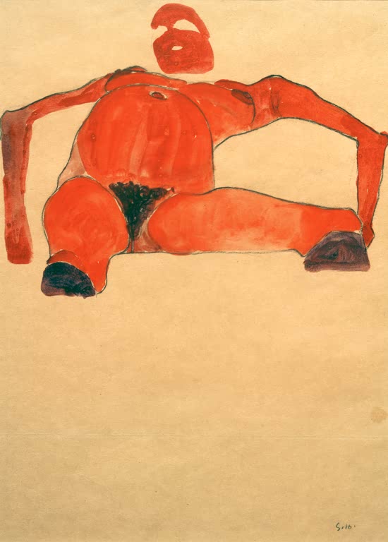 Rotorange gemalter Akt mit gespreizten Armen und Beinen – Egon Schiele Liegende nackte Schwangere Kunstkopie