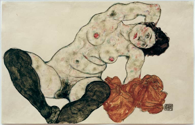 Liegende Frau mit schwarzen Strümpfen und rotbraunem Tuch – Egon Schiele Liegender Akt mit gelbem Handtuch Kunstkopie