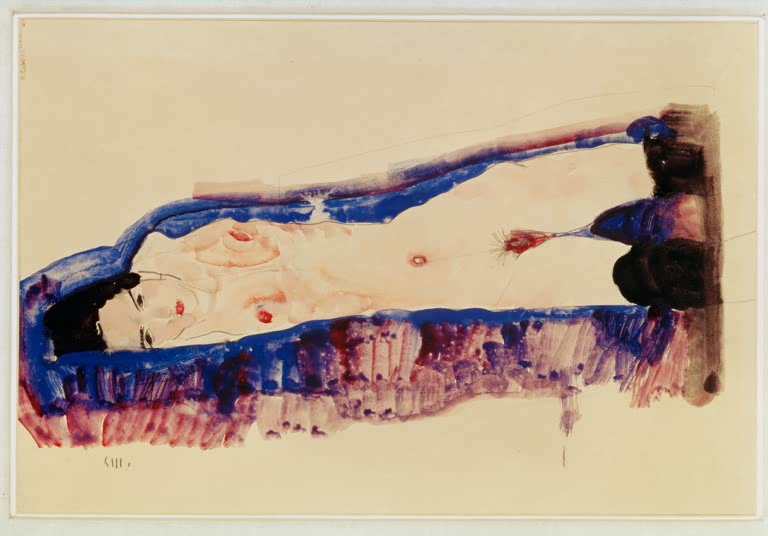 Liegender Akt, umgeben von blauen Pinselstrichen – Egon Schiele Liegender Akt mit schwarzen Strümpfen Kunstkopie