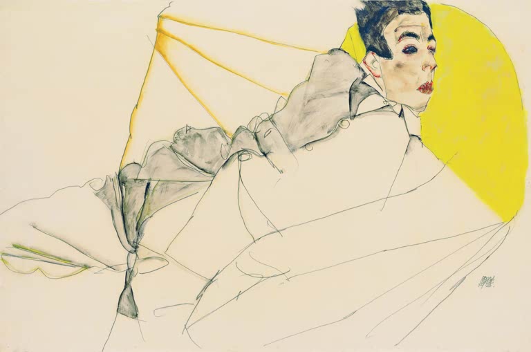 Egon Schiele Liegender Knabe Erich Lederer Kunstkopie, zurückgelehnter junger Mann vor gelbem Kreisgrund