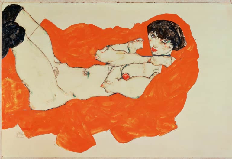 Liegender Frauenakt auf leuchtend orangem Tuch – Egon Schiele Liegender weiblicher Akt auf rotem Tuch Kunstkopie