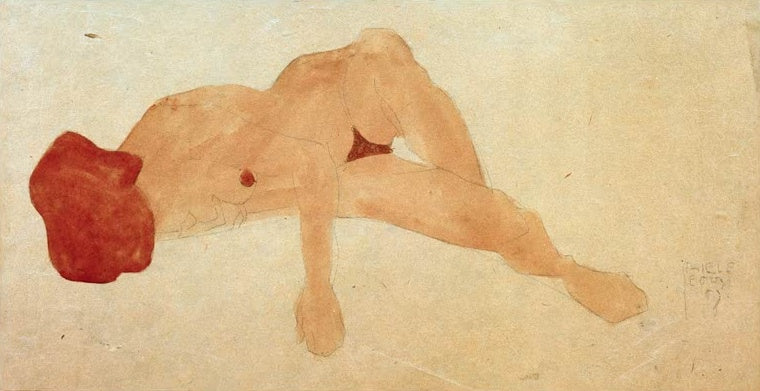 Liegende Frau in zarten Hautfarben, Haar rot aquarelliert – Egon Schiele Liegender weiblicher Akt Kunstkopie