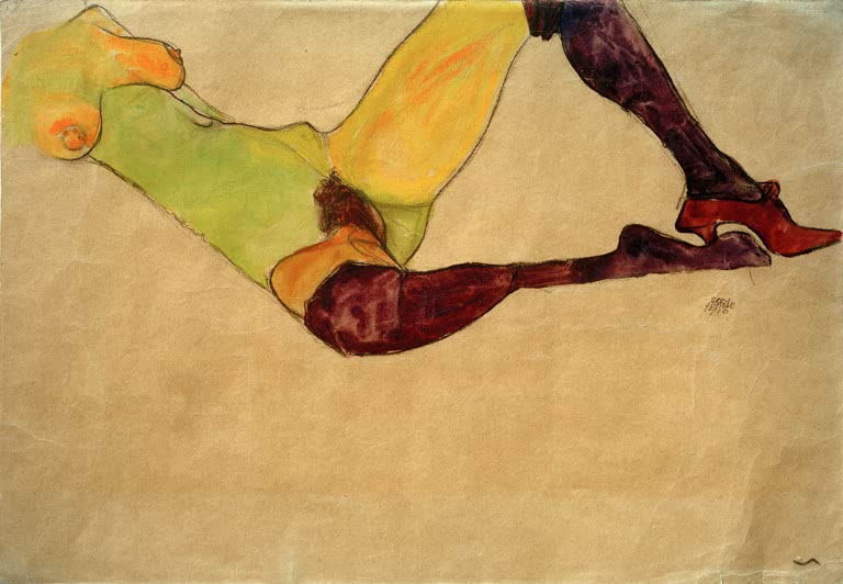 Liegender Frauentorso in Grün und Gelb mit violetten Strümpfen – Egon Schiele Liegender weiblicher Akttorso Kunstkopie