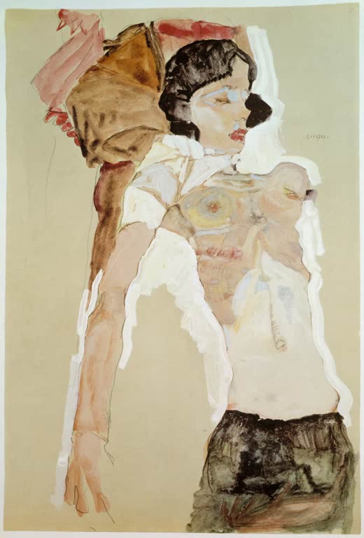 Mädchen mit erhobenen Armen in hellen Aquarellfarben – Egon Schiele Liegendes halbbekleidetes Mädchen Kunstkopie