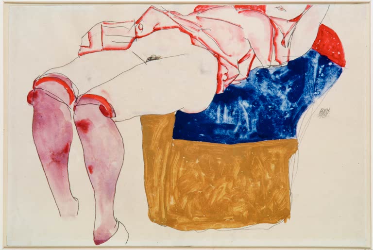 Liegendes Mädchen mit blauem Stoff und Ockerkissen – Egon Schiele Liegendes Mädchen mit violetten Strümpfen Kunstkopie