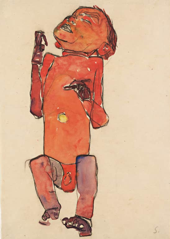 Neugeborenes in rotem Farbton liegt mit erhobenem Arm auf hellem Papier – Egon Schiele Liegendes Neugeborenes Kunstkopie