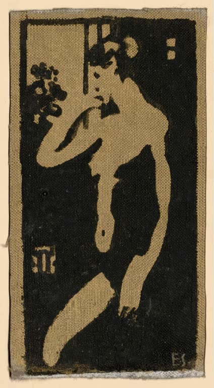 Schwarz gemalte Gestalt eines Mädchens am Balkon auf goldenem Grund – Egon Schiele Mädchen auf dem Balkon Kunstkopie
