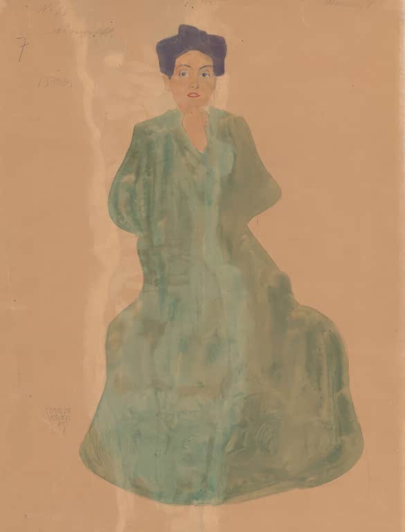 Frau mit hochgesteckten Haaren im grünen Kleid vor bräunlichem Grund – Egon Schiele Mädchen im grünen Kleid Kunstkopie