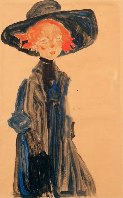 Mädchen mit breitkrempigem Hut und rotem Haar im blauen Mantel – Egon Schiele Mädchen in Blau Kunstkopie