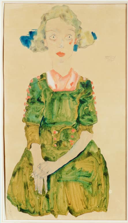 Mädchen mit blauen Schleifen im grünen Kleid, sitzend, Hände im Schoß – Egon Schiele Mädchen mit blauer Schleife Kunstkopie