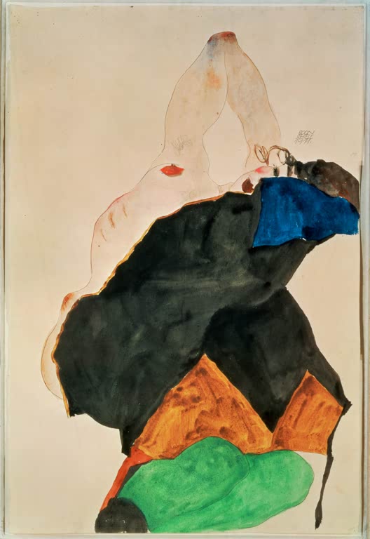 Liegender Akt mit schwarzem Tuch, blauem und grünem Stoff – Egon Schiele Mädchen mit erhobenem Ellbogen Kunstkopie