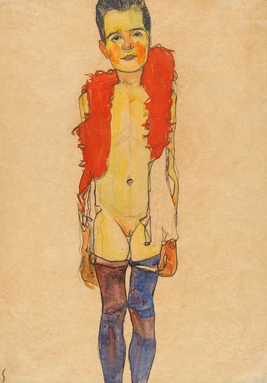 Stehende Gestalt mit roter Federboa und blauen Strümpfen auf hellem Papier – Egon Schiele Mädchen mit Federboa Kunstkopie