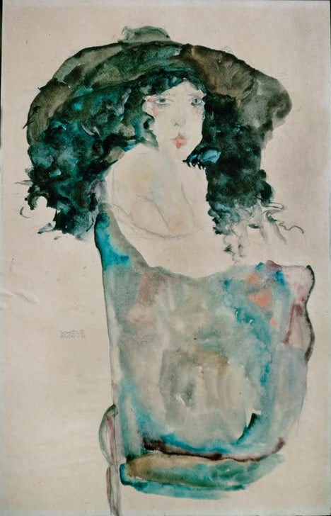 Mädchen mit dunkelgrünem Haar und Hut in türkisem Gewand – Egon Schiele Mädchen mit schwarzblondem Haar und Hut Kunstkopie
