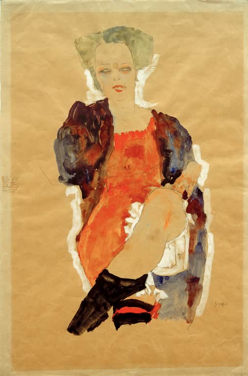 Mädchen in orangem Kleid mit schwarzen Stiefeln – Egon Schiele Mädchen mit übereinandergeschlagenen Beinen Kunstkopie