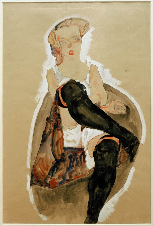 Mädchen mit schwarzen Strümpfen, weiß umrandet – Egon Schiele Mädchen mit übereinandergeschlagenen Beinen Kunstkopie