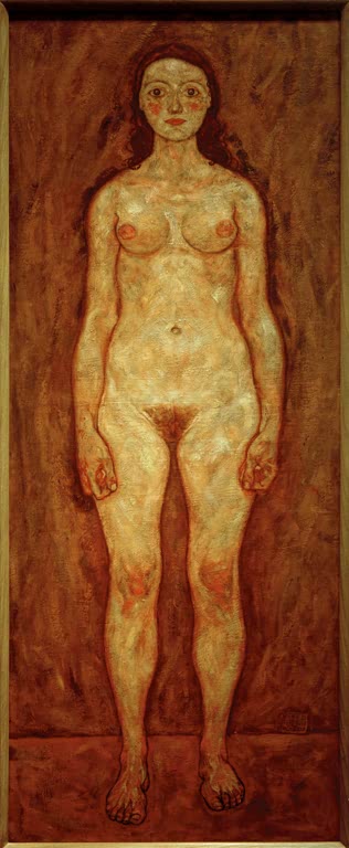 Stehender weiblicher Akt in hohem schmalem Format vor braunem Grund – Egon Schiele Mädchen Kunstkopie