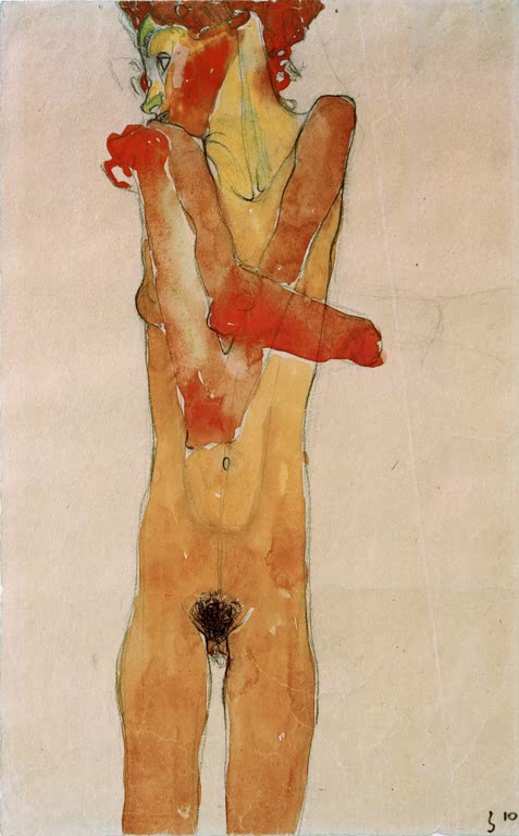Stehende Gestalt mit vor der Brust verschränkten Armen, orange getönt – Egon Schiele Mädchenakt Kunstkopie