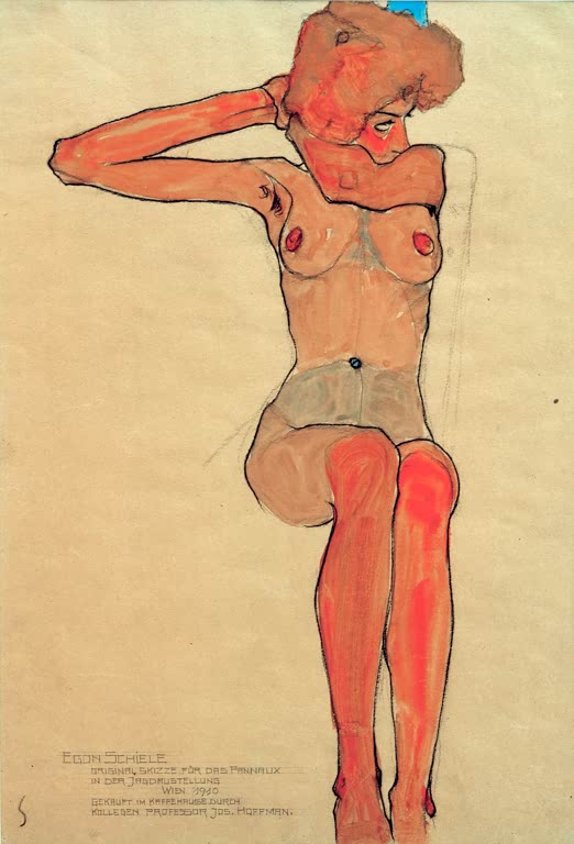 Sitzende Frau mit erhobenem Arm, rötlichen Beinen und blauer Haarschleife – Egon Schiele Mädchenakt Kunstkopie