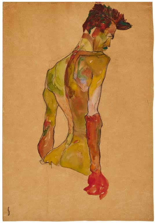 Männlicher Rückenakt mit gelbgrünen und roten Farbflächen – Egon Schiele Männlicher Akt im Profil Kunstkopie