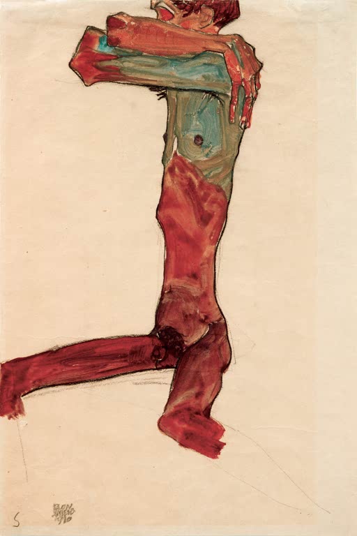 Männlicher Akt mit verschränkten Armen und rotbraunem Bein – Egon Schiele Männlicher Akt Kunstkopie
