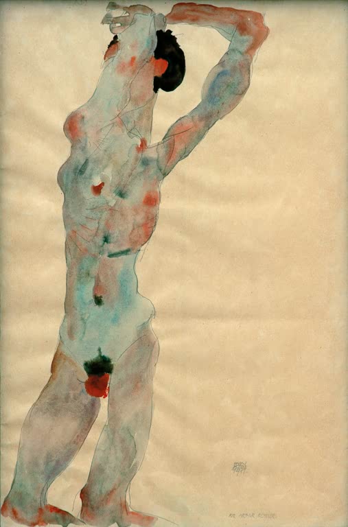 Stehender Mann mit erhobenen Armen in blaugrünen Aquarelltönen – Egon Schiele Männlicher Akt Kunstkopie