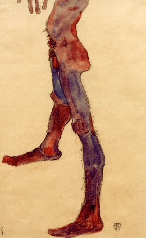 Schmaler Männertorso mit rotbraunen und violetten Beinen im Schritt – Egon Schiele Männlicher Unterleibstorso Kunstkopie
