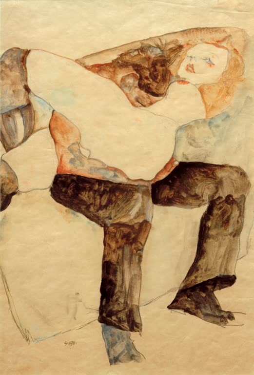 Frau mit rotem Haar in dunklen Strümpfen, von einem Mann gehalten – Egon Schiele Mann, Frau auf den Knien haltend Kunstkopie