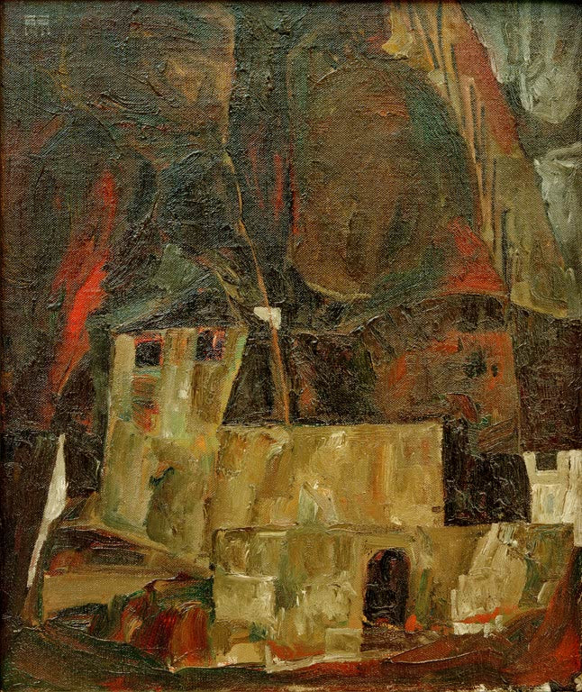 Egon Schiele Mauer und Haus Kunstkopie, expressionistisches Gehöft in Braun- und Rottönen vor dunklem Hügel
