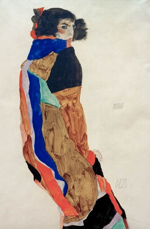 Junge Frau mit dunklem Haar in buntem, blau-orange gemustertem Tuch – Egon Schiele Moa Kunstkopie