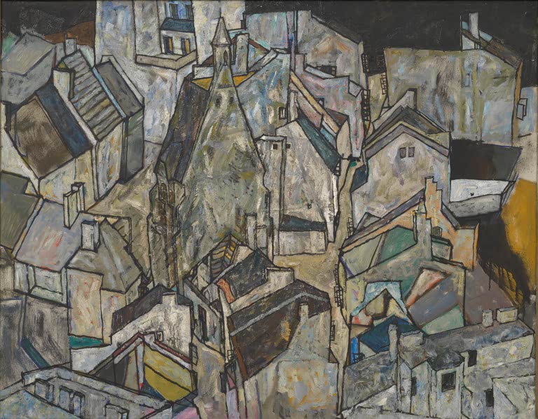 Egon Schiele Mödling II Kunstkopie, dicht gedrängte Dächer und Kirchturm in grau-beigen Farbflächen