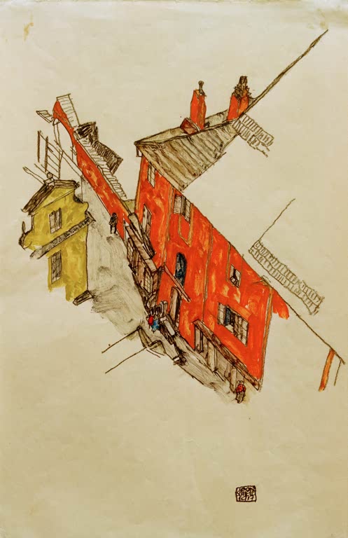Rote und gelbe Häuserzeilen von oben gesehen, mit Schornsteinen – Egon Schiele Motiv aus Krumau Kunstkopie