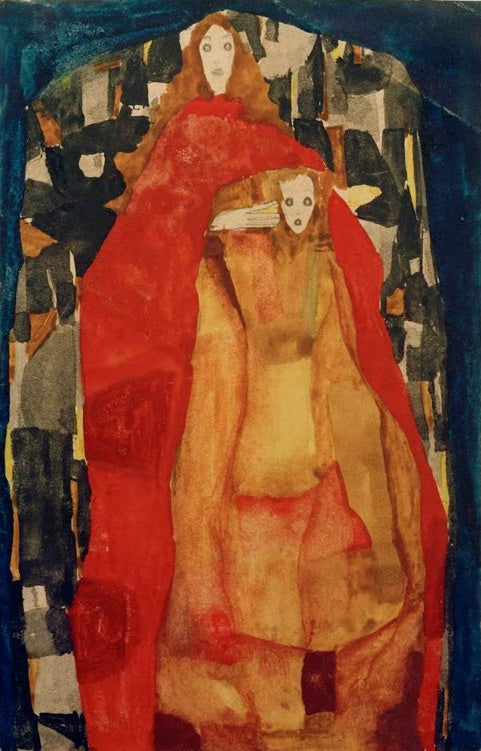 Frau im roten Mantel mit Kind vor gemustertem Grund – Egon Schiele Mutter mit Kind in rotem Mantel Kunstkopie