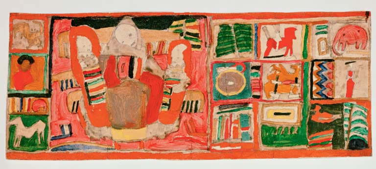 Mutter mit Kindern in der Mitte, seitlich bunte Felder mit Spielzeug – Egon Schiele Mutter mit Kindern Kunstkopie