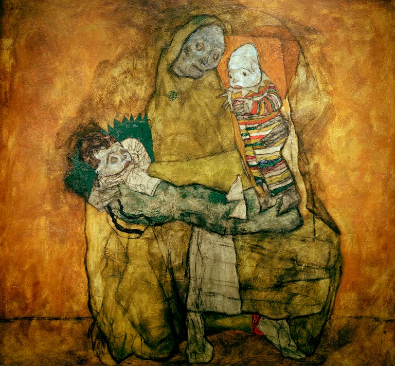Mutter mit zwei Kindern in goldgelben und grünen Tönen – Egon Schiele Mutter mit zwei Kindern II Kunstkopie
