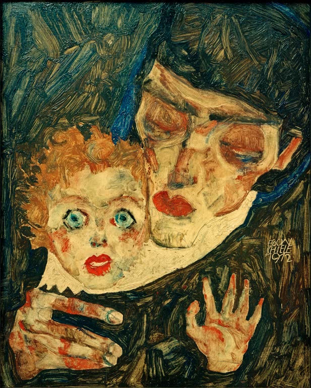 Egon Schiele Mutter und Kind Kunstkopie, blasses Kindergesicht vor maskenhaftem Mutterantlitz auf dunkelblauem Grund