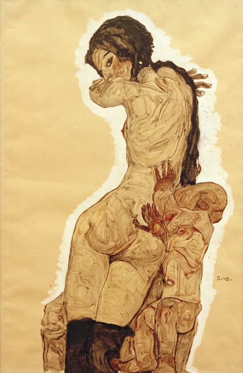 Frau mit langem dunklem Haar hält ein Kind auf dem Arm, in braunen Tönen – Egon Schiele Mutter und Kind Kunstkopie