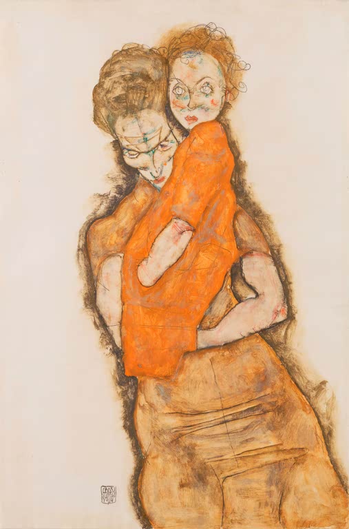 Zwei eng umschlungene Gestalten, eine in leuchtend orangefarbenem Gewand – Egon Schiele Mutter und Kind Kunstkopie