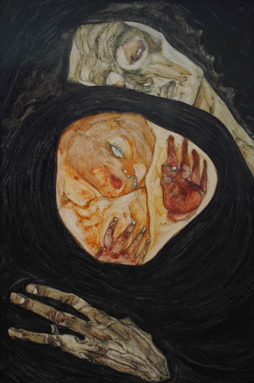 Dunkel gekleidete Mutter hält ein Kind mit orangefarbenem Gesicht – Egon Schiele Mutter und Kind Kunstkopie