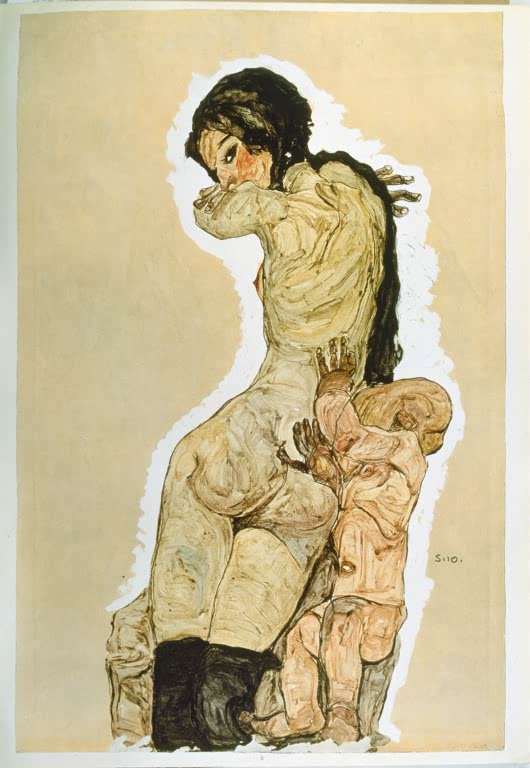 Frau mit langem schwarzem Haar hält ein Kind, vor cremefarbenem Grund – Egon Schiele Mutter und Kind Kunstkopie