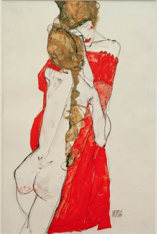 Frau im roten Gewand mit langem blondem Zopf von hinten – Egon Schiele Mutter und Tochter Kunstkopie