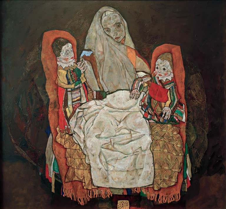 Verhüllte Mutter zwischen zwei Kindern in roten Sesseln, dunkler Grund – Egon Schiele Mutter und zwei Kinder III Kunstkopie