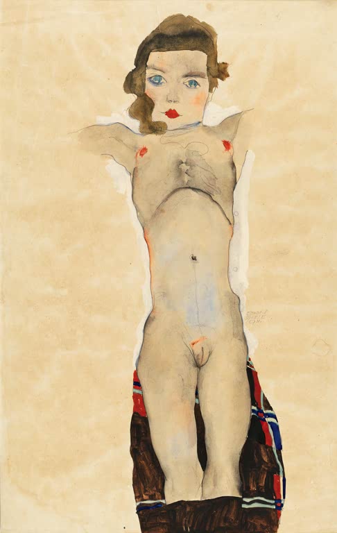 Nacktes Mädchen mit Tuch um die Hüften – Egon Schiele Nacktes Mädchen mit ausgestreckten Armen Kunstkopie