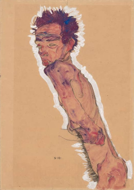 Schräg liegender männlicher Akt mit zerzaustem Haar, weiß umrandet – Egon Schiele Nacktes Selbstbildnis Kunstkopie
