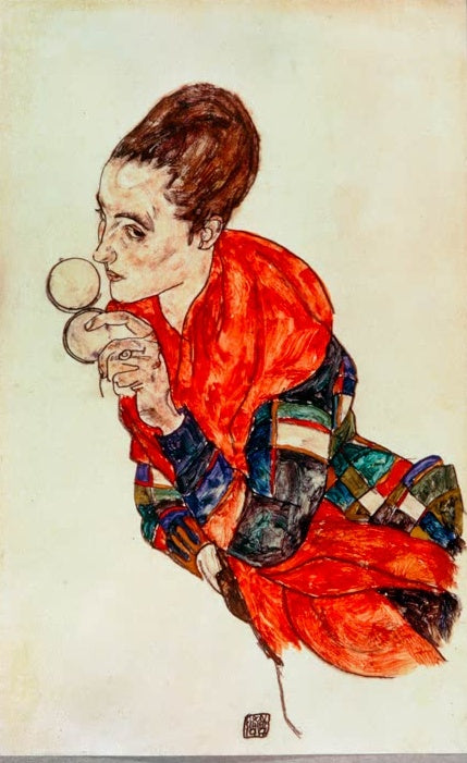 Frau in rotem Kleid hält eine Puderdose vor das Gesicht – Egon Schiele Porträt der Schauspielerin Marga Boerner Kunstkopie