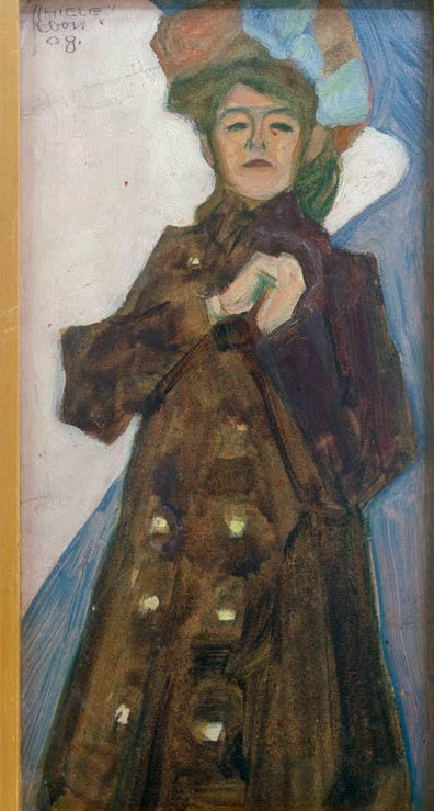 Frau in braunem Mantel vor blauem Grund im Holzrahmen – Egon Schiele Porträt der Schwester des Künstlers Kunstkopie