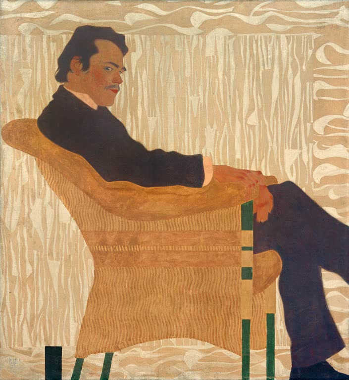 Maler in dunklem Anzug im Korbsessel vor hellem gemustertem Grund – Egon Schiele Porträt des Malers Hans Massmann Kunstkopie