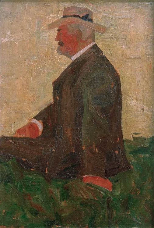 Sitzender Mann mit Strohhut im Profil auf grüner Wiese – Egon Schiele Porträt eines bärtigen Mannes mit Strohhut Kunstkopie